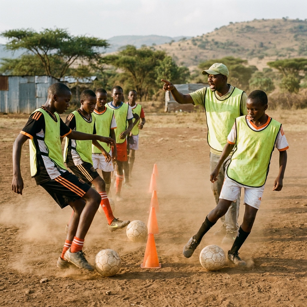 Young footballer dribbling during a training session